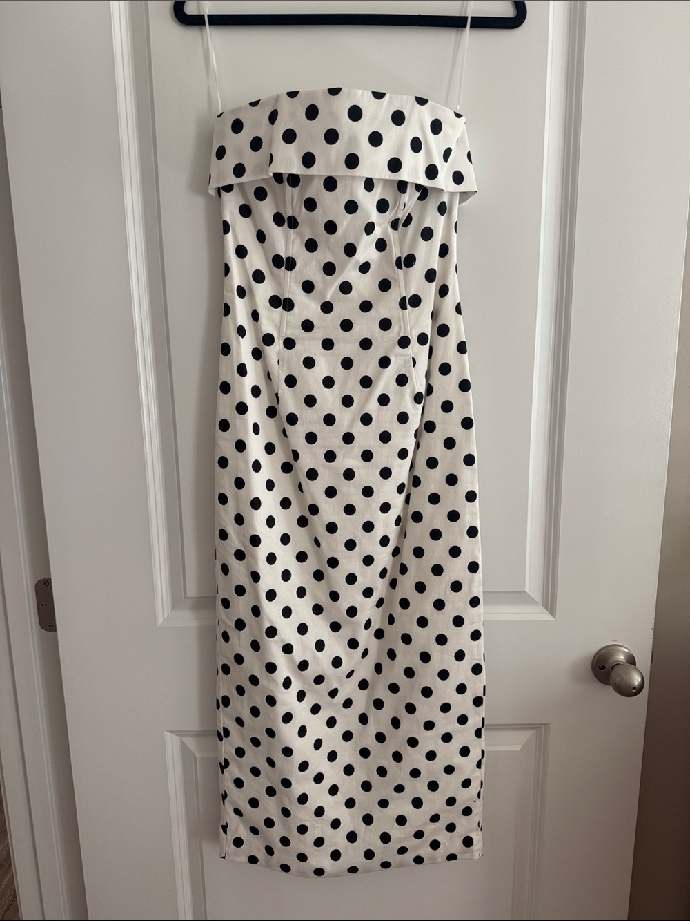Altar'd State White Strapless Midi Dress with Black Polka Dots